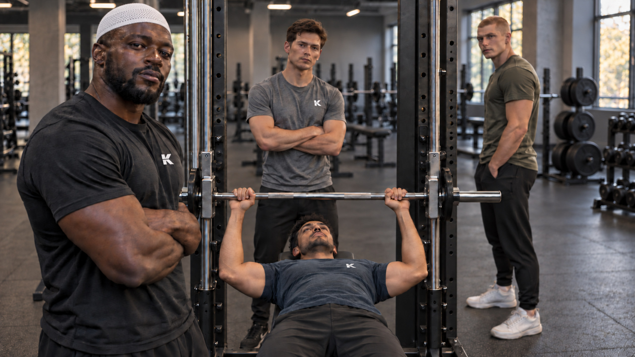 Spor salonunda K logolu tişörtleriyle dört kulüp üyesi; biri bench press yapıyor, diğerleri kameraya bakıyor